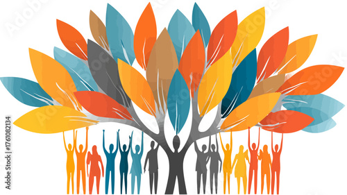 United community group supporting a vibrant, multi-colored tree, representing growth, diversity, and environmental care.