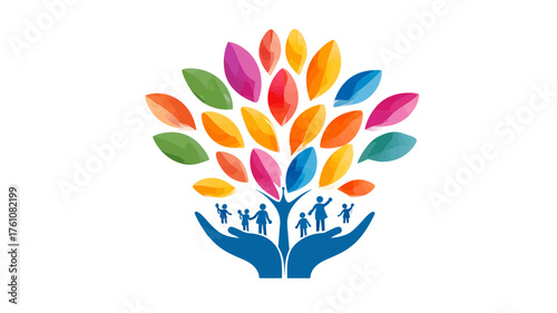 Hands supporting diverse family group growing into a vibrant, colorful tree of life, symbolizing community, growth, education, and well-being.