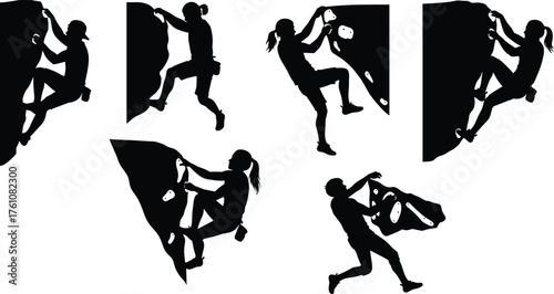 Indoor climbing silhouette, bouldering wall action, dynamic climbers pose, fitness strength training, sport movement, black figure, climbing holds, athletic challenge