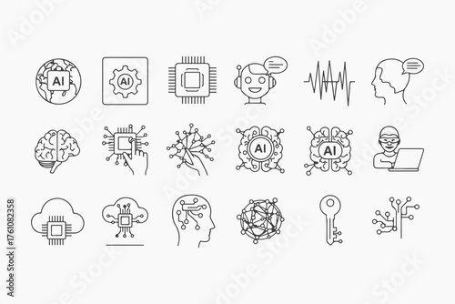 Collection of artificial intelligence icons, depicting machine learning, neural networks, and robotics