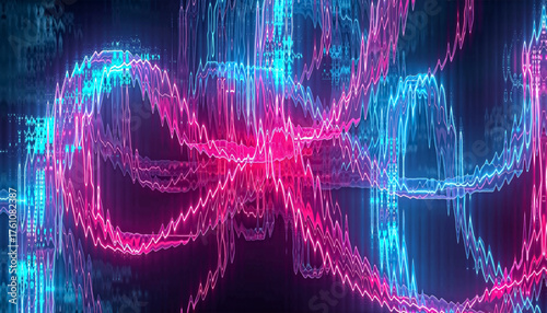 Vibrant Neon Blue and Pink Data Flow Tentacles Background with Glassy Reflection