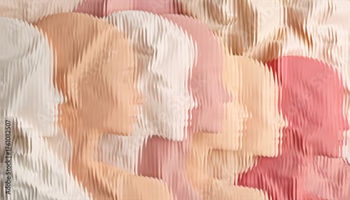 Group of People Silhouettes Red Abstract Faces in Profile with Glassy Overlay