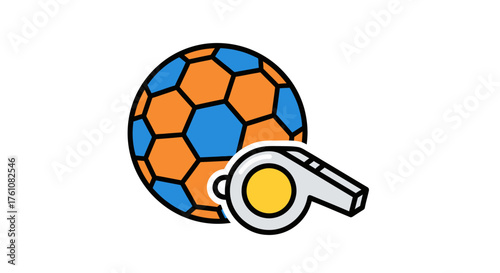 Colorful Soccer Ball and Silver Whistle Icon for Sports.