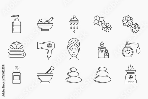 Spa and beauty icons set of thin line vector illustrations relaxation, massage, aromatherapy, and wellness