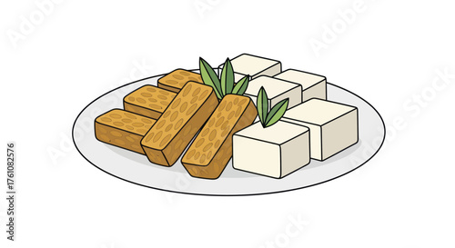 Plate of Fried and Unfried Tofu Cubes with Green Garnish.