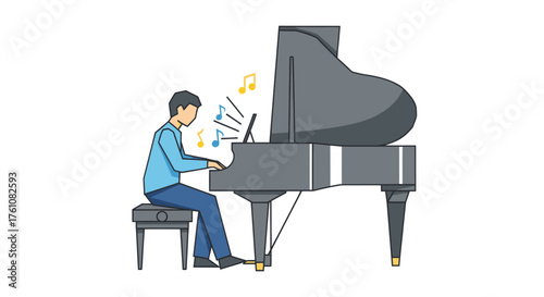 Man Playing Grand Piano with Musical Notes Illustration.