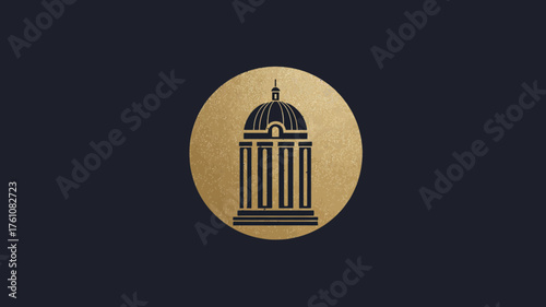 Stylized golden dome building graphic with columns on a dark background, elegant classical architecture icon for luxury design
