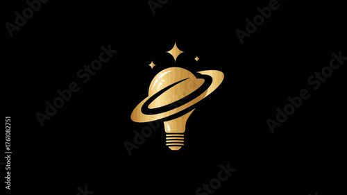Golden light bulb with planetary ring and stars, symbolizing cosmic ideas, innovation, creativity, discovery, and bright success.