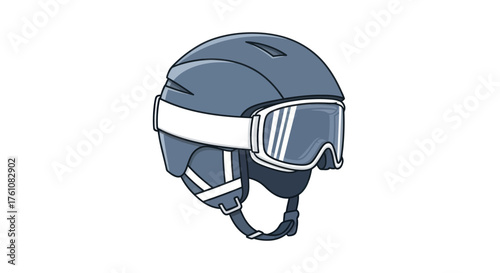 Blue Ski Helmet with Goggles Winter Sport Safety Equipment.
