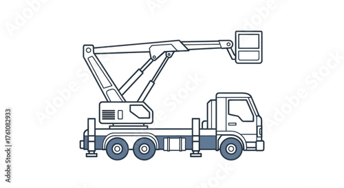 Line Art Illustration of a Cherry Picker Truck with Extended Boom and Basket.