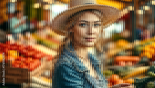 Stylish Woman Portrait with Summer Hat and Glass Effect - Sunny Day Lifestyle , a soft glass effect and blurred background.