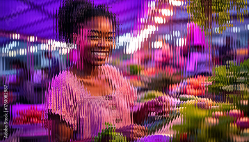 Vibrant Woman Portrait with Neon Lights and Glass Effect - Modern Night Fashion