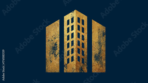 Luxury gold textured urban building abstract icon on dark blue background, modern architectural logo concept, real estate design element