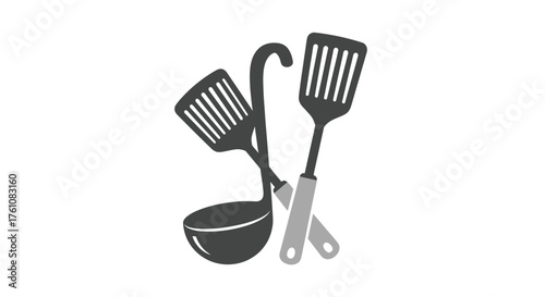 Crossed kitchen utensils icon featuring two spatulas and a ladle in a simple gray design.