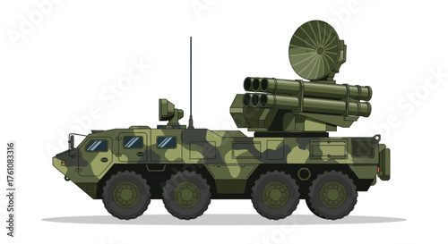 Green Camouflaged Self-Propelled Anti-Aircraft Missile System with Radar Dish.