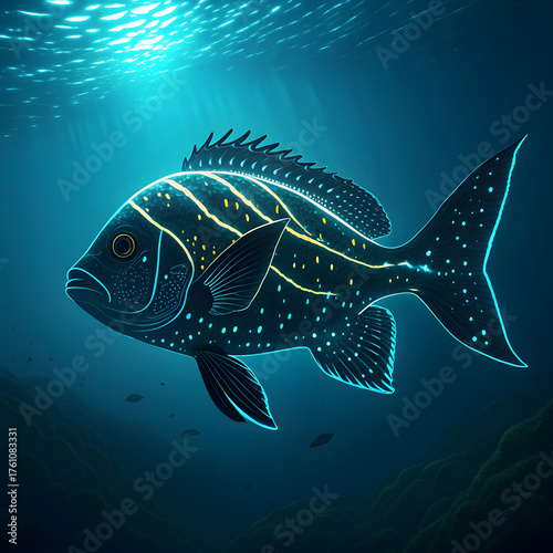 Aquatic cartoon fish on a vibrant blue underwater ocean background vector illustration