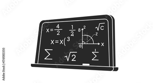 A black and white illustration of a school chalkboard filled with mathematical equations formulas and graphs.