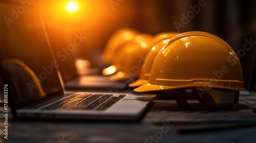 A row of yellow hard hats positioned beside laptops in a warm, glowing environment suggests a construction or safety training setting