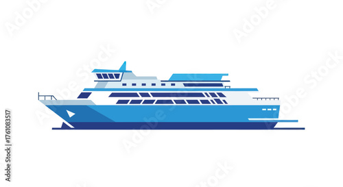 Blue and white passenger ferry boat flat illustration.