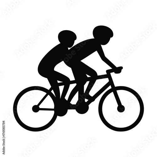 Two silhouettes of people riding tandem bicycle together on a white background