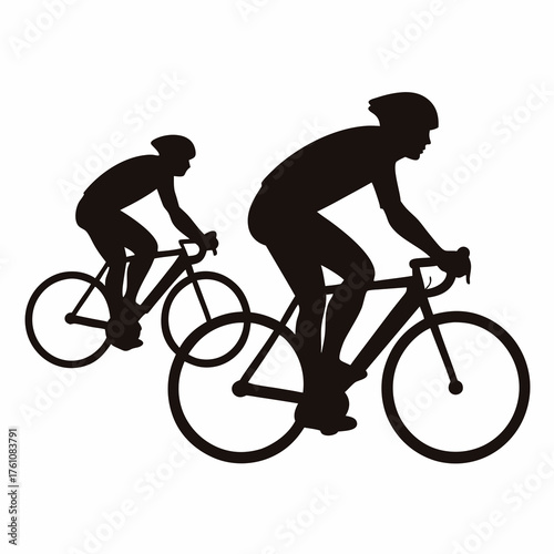 Black Silhouette of Two Cyclists Riding Bicycles on a White Background
