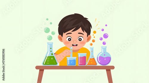 Smiling children illustrating a cartoon vector painting on an easel for school education