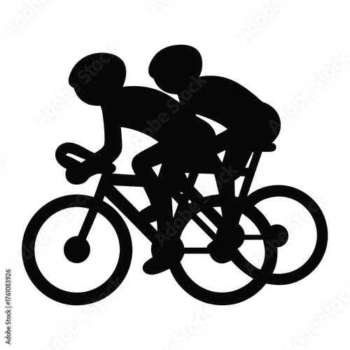 Silhouette of two cyclists riding bicycles in tandem formation on white background