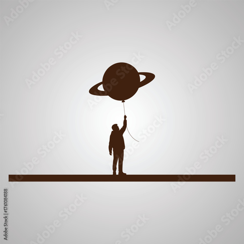 Silhouette of a person holding a balloon shaped like Saturn against a gradient gray background vector
