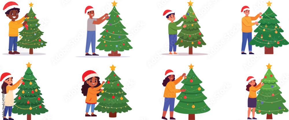 Fototapeta premium A collection of diverse children in Santa hats decorating Christmas trees, isolated on a white background.