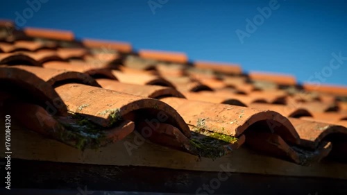 Closeup of traditional terracotta roof tiles under a clear blue sky showcasing architectural detail and texture.