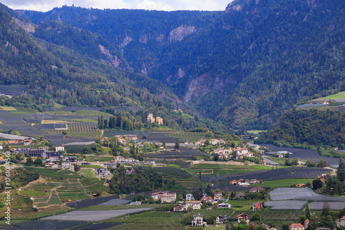 Mountain panorama of Merano area Maia Alta (Obermais) with Gaiano Castle in South Tyrol, Italy