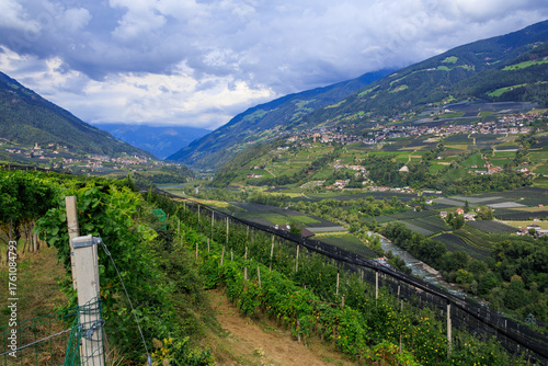 View from Tirol (Dorf Tirol) over apple trees towards Passeier Valley with mountain panorama in South Tyrol, Italy