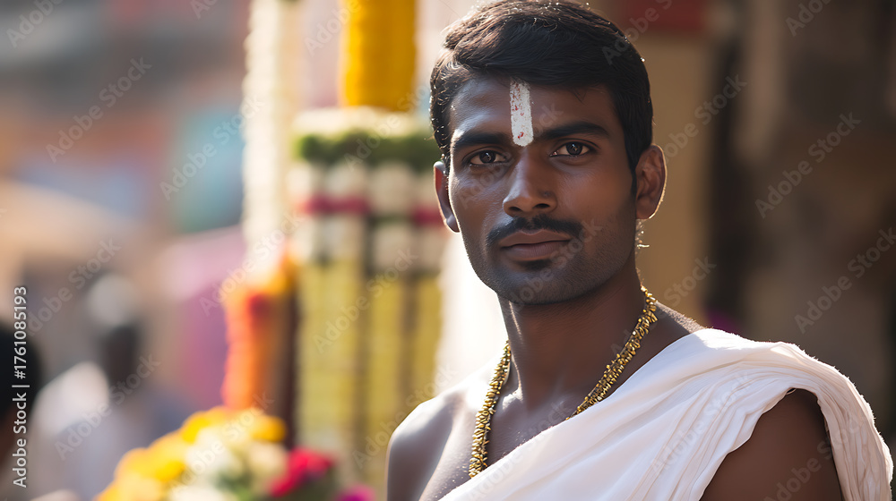 Obraz premium A portrait of an Indian man, likely Hindu, wearing a traditional white cloth, adorned with a golden necklace, and sporting a distinctive white tilak on his forehead. The background is festive.
