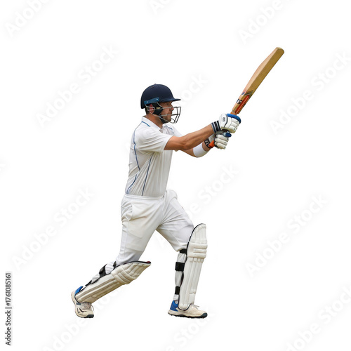 Cricket batsman in white uniform powerfully swings his bat during a match