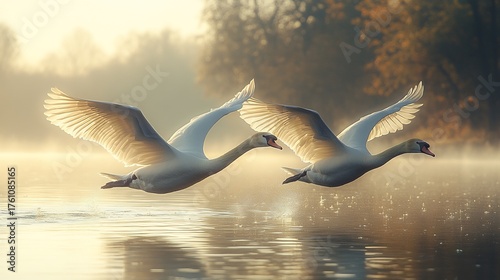 Fototapeta Naklejka Na Ścianę i Meble -  Pair of swans gracefully flying over a serene lake their wings glistening under the afternoon sun with gentle ripples spreading across the water below