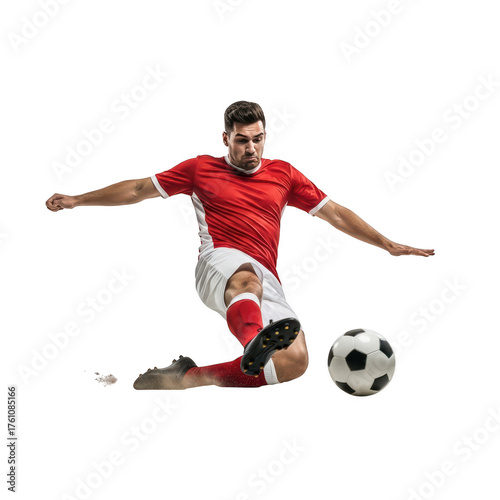 Dynamic soccer player in mid air kicking a ball with intense focus against a black background