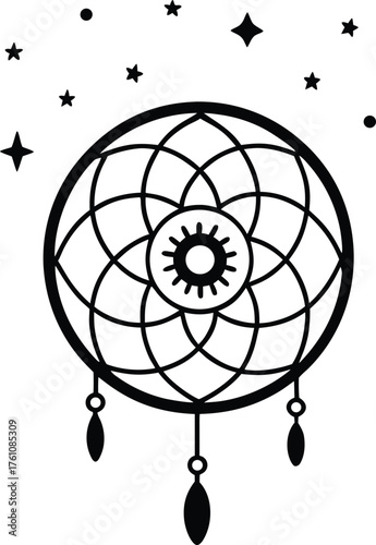 surreal dreamcatcher full of galaxies coloring illustration on transparent background