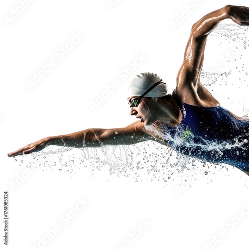 Dynamic swimmer executes powerful freestyle stroke through dark water with dramatic splash