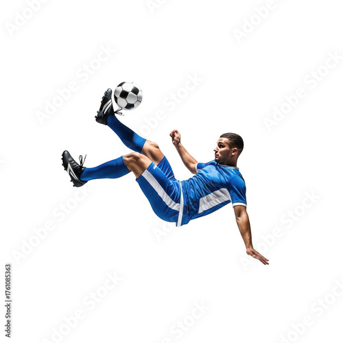 Dynamic soccer player executes a bicycle kick with precision against a stark black background