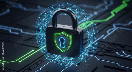 Cybersecurity padlock with shield for online data protection and network security concept illustration
