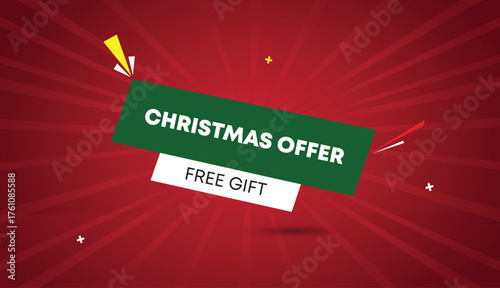 christmas offer free gift web banner vector art template design badge icon label deep green white shapes bold text dark red light sun shine abstract business background festive sale holiday season off