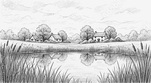 Peaceful Rural Landscape with Reflective Waters Sketch