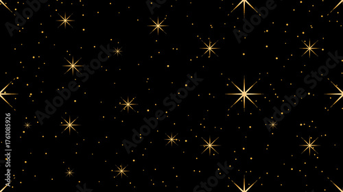 Golden star seamless pattern on black background, sparkling festive design in elegant style for Christmas, New Year, celebration, or luxury holiday decoration themes.
