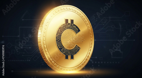 Golden cryptocurrency coin with circuit design finance and technology concept for digital currency asset