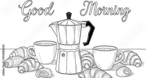 Artistic monochrome drawing of a classic morning routine, showcasing an espresso maker, hot beverages, and delicious croissants on a tabletop, symbolizing a pleasant start