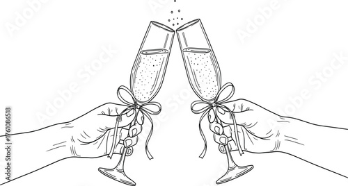 Elegant hand-drawn illustration of two hands making a celebratory toast with sparkling champagne flutes adorned with delicate ribbons, symbolizing joy and special occasions