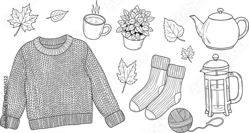 Cozy Autumn Essentials Sweater, Tea, and Fall Foliage – A Whimsical Illustration in Black and White