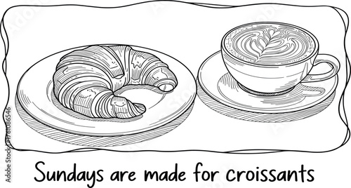 Monochrome line art illustration of a cozy breakfast with a flaky croissant and a warm cup of coffee, capturing the simple joy of a leisurely morning