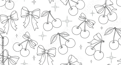 Sweet monochrome seamless pattern with line art cherries, elegant bows, and sparkling accents. Perfect for charming backgrounds, textile designs, digital papers, and creative craft projects
