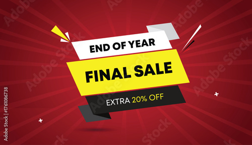 end of year final sale extra twenty percent off web banner vector art template design badge icon label yellow black gray white shapes bold text dark red light sun shine abstract business background